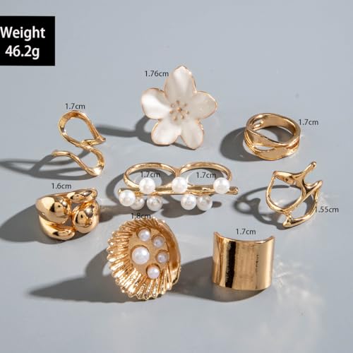 Chunky Gold Stackable Rings Set for Women Pearl Flower Rings Sets Dainty Carved Signet Joint Finger Midi Rings Pack Adjustable Chunky Knuckle Ring Statement Stacking Ring Pack - color: B-Gold-8Pcs