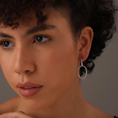 LeCalla Sterling Silver Dangle Earrings for Women | 925 Sterling Silver Long Interlocked Handmade Textured Drop Earring for Women - color: Hammered Open Circle