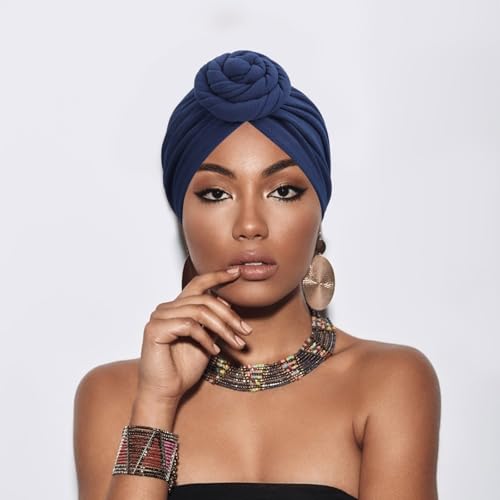 African Women Turban Caps Pre-Tied Twisted Turbans Head Scarf for Women Hair Wraps Cover Beanie Cancer Chemo Headwear - color: 1 Pack Twisted Braid Flower: Navy Blue