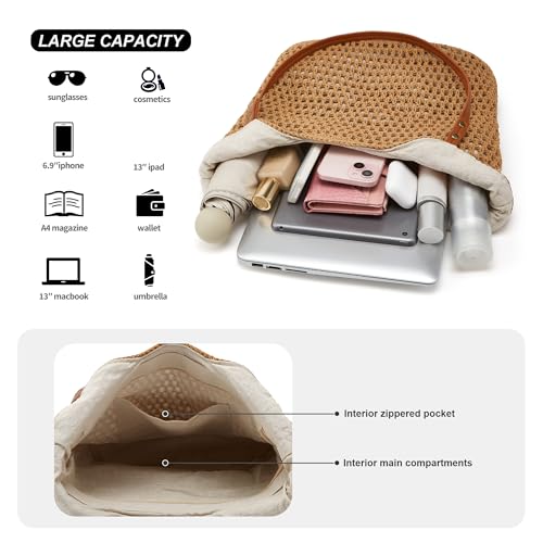 Crochet Beach Bags for Women Woven Purses Shoulder Bag Tote Handbag Summer Beach Purse - color: Wy10-brown