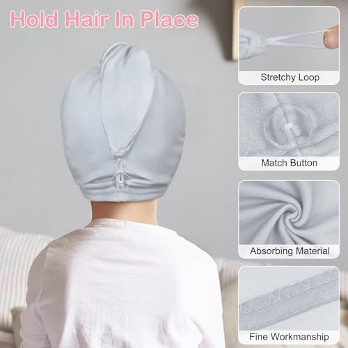 Basumee Microfiber Hair Towel Wrap for Kids 2 Pack Rapid Drying Hair Towel with Button Hair Turbans for Wet Hair Wraps Head Towel Wrap for Women and Girls - color: Pink Gray