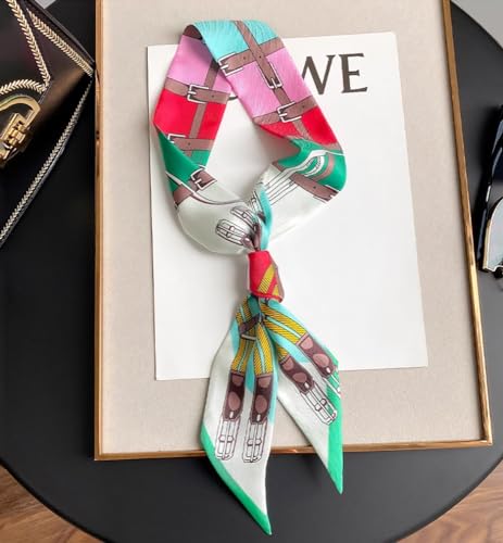 JERLA 100% Mulberry silk Scarf bag scarf Head Hair Ribbon Handbag Handle wrap Tie Bundle Neckerchief Scarf for women - color: Chewing Ring Green White
