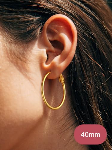 FOCALOOK 14K Gold Plated Lightweight Large Hoops| 2mm Thin Hoop Earrings for Women 30/40/50/70/100mm - color: 01.Gold, size: 40mm