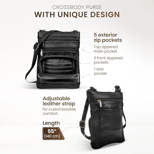 Krediz leather Crossbody Purses for Women, Multi Pocket Crossbody Purse with Adjustable Strap, Soft & Durable Leather Purse - color: Black, size: Standard