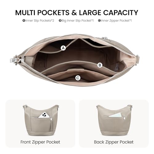 befen Genuine Leather Crossbody Hobo Purse for Women Soft Lightweight Leather Handbags with 2 Removable Straps - color: Beige Grey