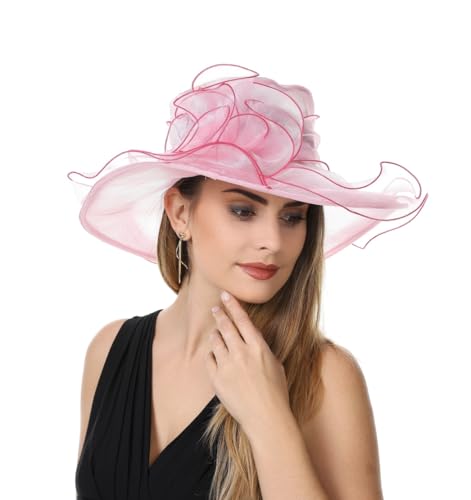 SAFERIN Women's Organza Church Fascinator Bridal Tea Party Wedding Hat - color: Tz-pink Rose Red