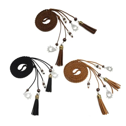 TeeYee Waist Belt Woven Knitted Rope/Chain PU leather 3 Pieces Tassel Rope Skinny Belt - color: 018blacktancoffee