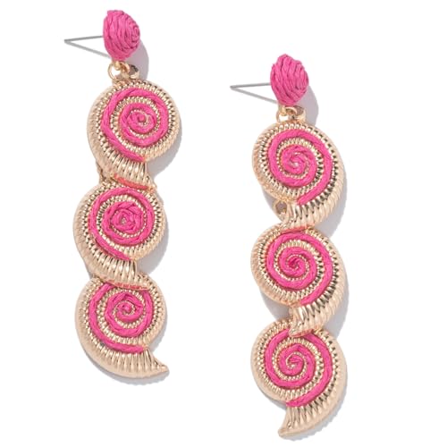 Boho Raffia Earrings Starfish Shell Seashell Dangle Drop Earrings Cute Statemnet Trendy Jewelry Summer Beach Outfits for Women - color: Hot Pink, size: Seashell