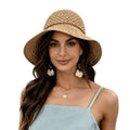 Women Wide Brim Sun Hat UPF50 Straw Summer Hat Floppy Beach Hat Roll-Up - color: Straw Hat Khaki