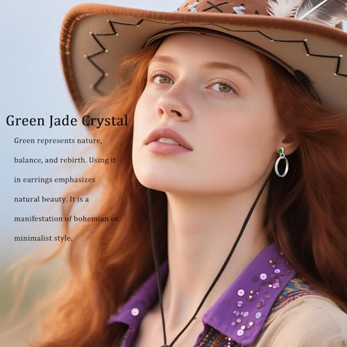 Natural Turquoise Gemstone Birthstone Stud Earrings with Circle Dangle Hoop Earrings Boho style for Vintage Western Jewelry - color: Silver and Green