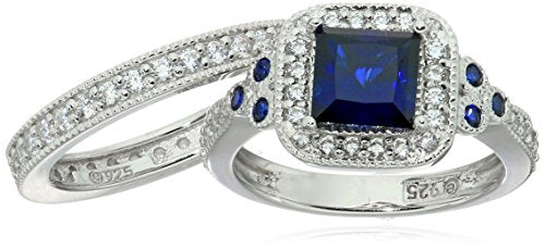 Amazon Essentials Platinum or Gold Plated Sterling Silver Antique Ring set with Asscher-Cut Infinite Elements Cubic Zirconia - color: Created Blue Sapphire/Platinum, size: 6