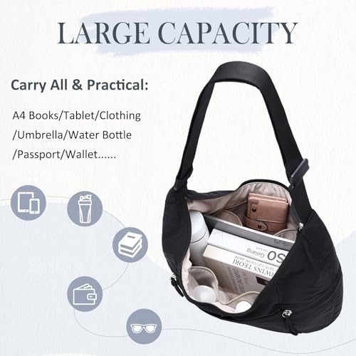 VASCHY Crossbody Crescent Bag for Women, Casual Lightweight Nylon Large Slouchy Hobo Bags Purses for Travel/Gym/Work/College - color: Black