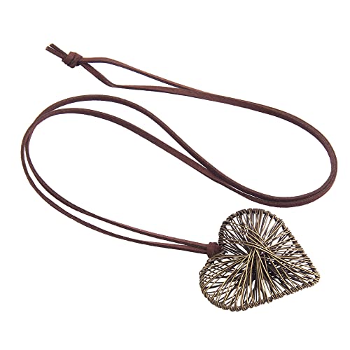 GelConnie Leather Cord Necklace Chain Multilayer Wooden Pendant Necklaces Vintage Jewelry Boho Long Sweater Necklace for Women Men - color: Brown Heart Necklace