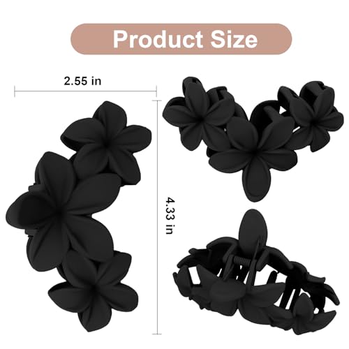 4PCS Matte Flower Hair Clips - Non-Slip Large Plumeria Clips for Thick Hair, Strong Hold for Women and Girls (Black) - color: black