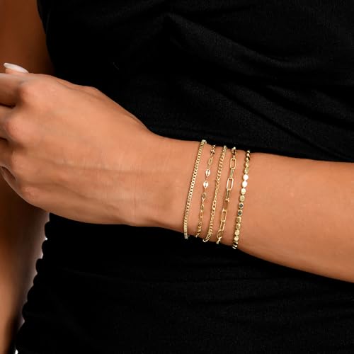 Dainty Gold Bracelets for Women, 14K Gold Plated Stackable Bracelet Set, Adjustable Beaded Cuban Paperclip Herringbone Figaro Snake Rope Chain Jewelry - style: Set2 Gold 5Pcs