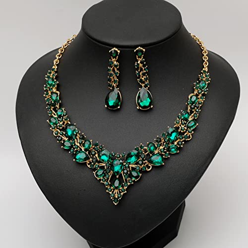CSY 4 Pcs/Set Austrian Crystal Necklace Earrings Bracelet Ring Bridal Jewelry Sets for Brides Wedding Party Costume Accessories Gifts for Women - color: 02-gold plated-green