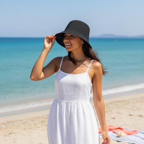 Women Straw Hat Beach Sun Cap Foldable Paper Knitted for Travel Summer Vacation Soft Lightweight Breathable - color: Black