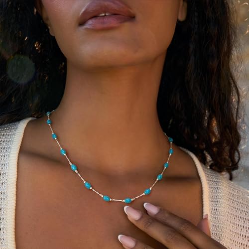 Created Turquoise Necklace for Women 14K Gold Plated Beaded Heart Choker Boho Necklaces Handmade Beach Summer Everyday Western Jewelry Gifts - color: Silver Chain, style: Oval