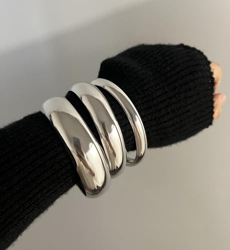Chunky Gold Bangle Bracelets for Women, Dainty 14k Gold Plated Big Stackable Bangles Set, Trendy Cuff Bracelet Stack Fashion Jewelry Gifts - style: Silver chunky bangle