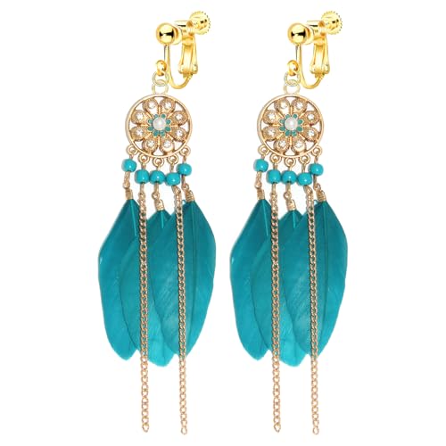 Clip on Tassel Dangle Earrings for Boho Women, Non Pierced, Colorful Feather Handmade Beads Fashion Vintage Fringe Jewelry for Parties Weddings Festivals Trendy Statement Earrings for Bohemian - color: Blue A