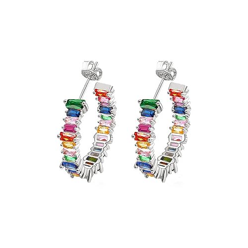 Savlano 14K Gold Plated Cubic Zirconia Multicolor Rainbow Round Hoop Stud Earrings for Women Comes with a Gift Box - color: White Gold