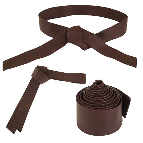 Woman's Obi Sash Tie Plus Size Waist Band Wide Solid Color Genuine Leather Belt - color: Brown