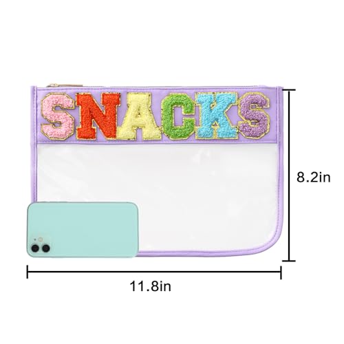 DYSHAYEN Chenille Letter Clear Zipper Pouch for Travel,Nylon Clear Cosmetic Bag,Makeup Travel Bag for Women Girls 11.8 Inches x 8.2 Inches - color: Purple-Snacks
