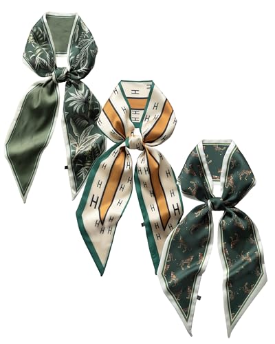 Raylarnia 3 Pack Satin Purse Bag Scarf for Women 59”Long Silky Scarves for Neck,Hair,Head,Handbag,Fashion Gift Set - color: Green Khaki (Plants/Tiger/Letter H)