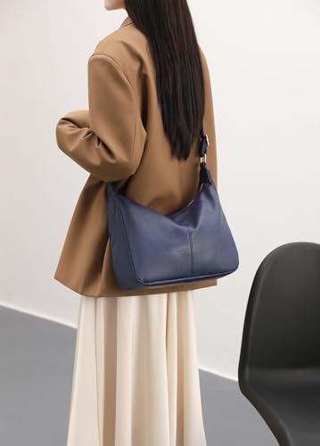 Hobo Bags for Women Foldable Vegan Leather Shoulder Handbag Slouchy Tote Crossbody Purses - color: Dark Blue