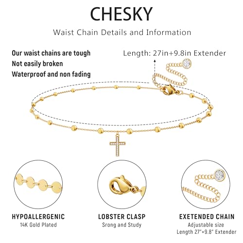 CHESKY Waist Beads for Women, Dainty 14k Gold Plated Waist Chain Beach Accessories Cute Belly Chain Body Chain Gold Chain Belts for Women Summer Beach Jewelry for Womens Gifts Rave Outfits for Womens - style: Cross