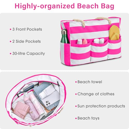 Becokan Beach Bags for Women Canvas Large Beach Tote Bag Zipper Waterproof Sandproof Foldable Swim Pool Bag with 7 Pockets - color: Hot Pink