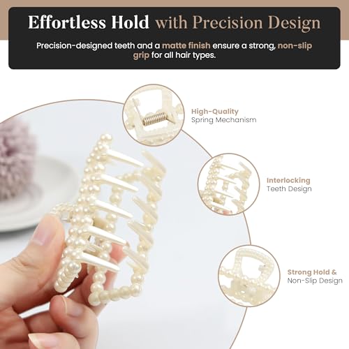5 PCS Simulated Pearl Hair Claw Clips for Women | Multi-Use Barrettes for Thin Hair with Non-Slip Strong Hold | Barrettes for Thick & Curly Hair Accessories | Flat Claw Clips for Women, Off-White - color: 5 Pcs Simple