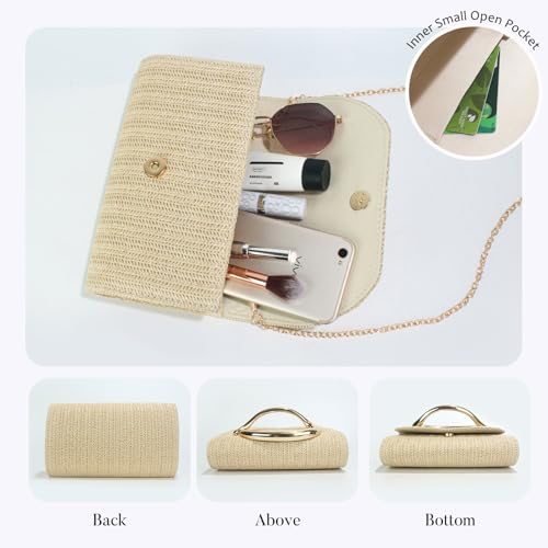 Straw Clutch Purses for Women,Summer Beach Bag,Woven Evening Handbags with Chain,Trendy Metal Handle Purses 2026 - color: Khaki