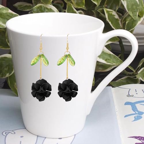 Resin Flower Cluster Ball Dangle Drop Earrings for Women Spring Summer Bohemian Floral Petal with Green Leaf Earrings Vacation Party Jewelry - color: Black