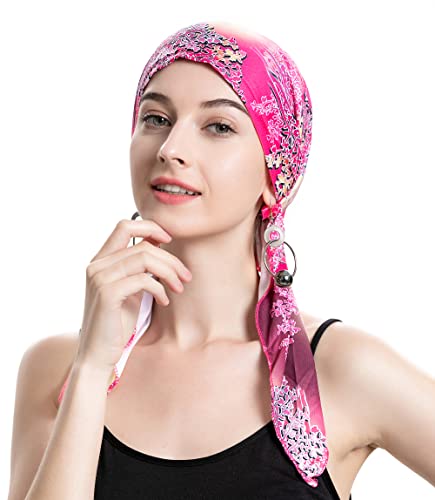 ZLYC Chemo Headwear Pre Tied Head Scarf Headwraps Lightweight Turban Beanie Cap for Women - color: Floral Pink