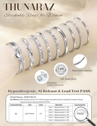 THUNARAZ 9Pcs Gold Stackable Rings for Women Non Tarnish Open Adjustable 14K Gold Plated Rings Trendy Stack Cubic Zirconia Thin Thumb Ring Set Minimalist Dainty Statement Band Ring - color: Silver Tone