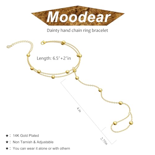 Moodear Gold Hand Chain Bracelet for Women - 14K Gold Plated/Sterling Silver Layered Adjustable Satellite Bead Paperclip Dot CZ Link Hand Chain Ring Bracelets Non Tarnish Trendy Jewelry Gift - style: bead hand chain-GD