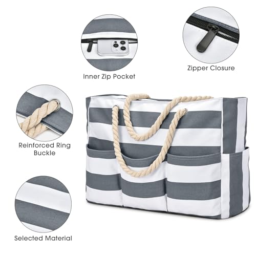 Becokan Beach Bags for Women Canvas Large Beach Tote Bag Zipper Waterproof Sandproof Foldable Swim Pool Bag with 7 Pockets - color: Dark Grey