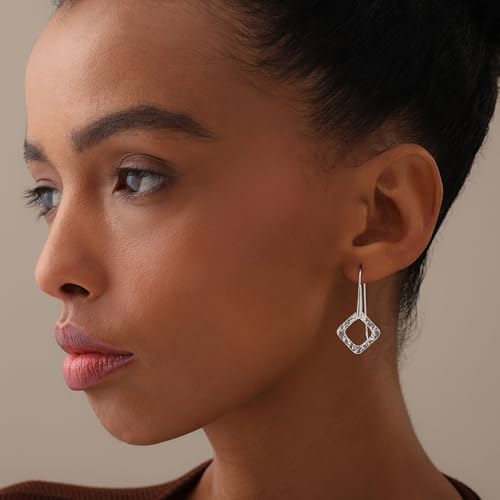 LeCalla 925 Sterling Silver Drop & Dangle Earrings for Women | Handmade Hammered Textured Drop Dangle Earring Jewelry | Women's Hammered Earrings Jewelry for Gift Mom Wife - color: Open Square