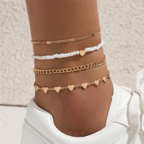 Fesciory Women Heart Anklet Adjustable Beach Layered Ankle Bracelets for Women Gold Alloy Foot Chain Jewelry - color: Gold Heart(4 Pack)