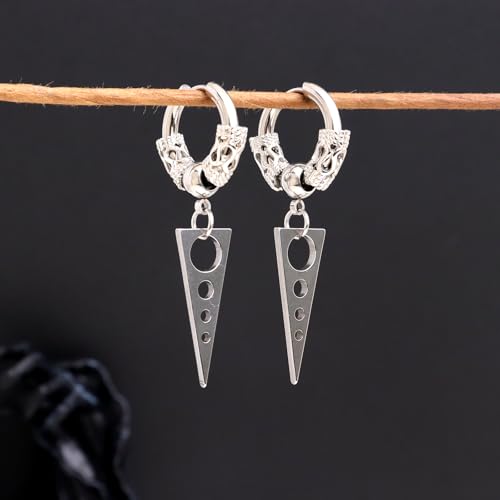 Sonateomber Gothic Silver Black Small Hoop Earrings for Women Men, Punk Hip Hop Engrave Beaded Goth Dangle Drop Earings Halloween Costumes Accessories Prom Fashion Jewelry Gift - color: Silver Triangle