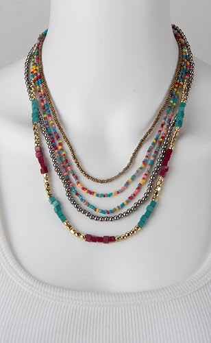 SPUNKYsoul Colorful Boho Multistrand Beaded Necklace — Layered Seed Beads in Black, Gold, Red, Teal and Navy for Effortless, Free-Spirited Style Varies 16-20 inches with 3 inch Extension Chain - style: "Zura" Teal Red Gold
