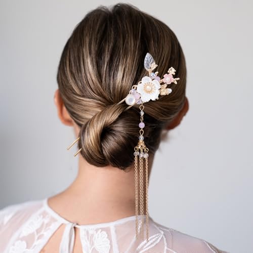 HINZIC 5pcs Flower Tassels Hairpin for Women, Non-Slip Rhinestone Pearl Clover Hair Clips Headpiece, Retro Chinese Hanfu Wedding Brides Hair Accessories for Long Hair - color: Gold