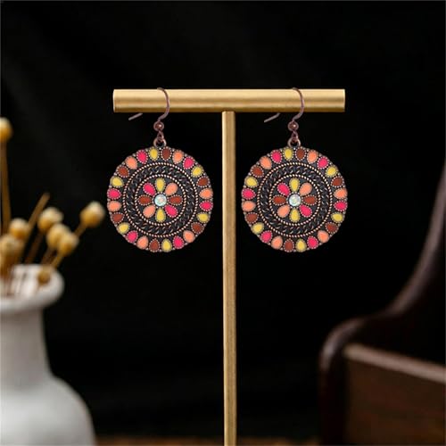 MALOYANVE Vintage Boho Circular Flower Dangle Earring, Handmade Bronze Tribal Round Enamel Floral Drop, Bohemian Ethnic Statement Jewelry Gift for Women - color: Muticolor Rose