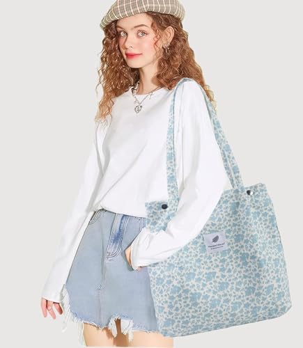 Corduroy Tote Bag for Women Small Canvas Shoulder Purse Cord Handy Bag with Inner Pocket | with Front Pocket - color: 03 Blue Flower