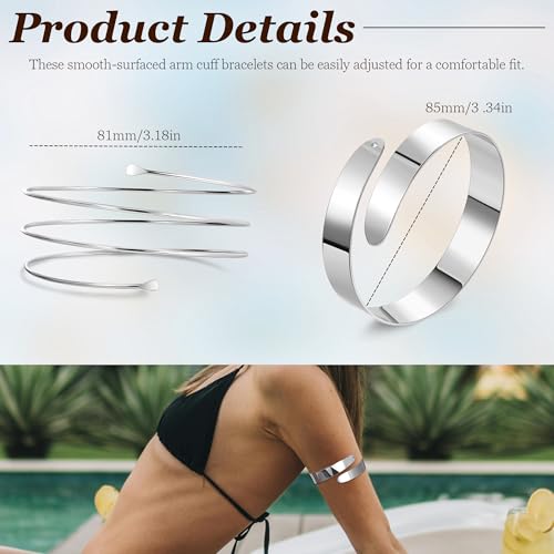 2Pcs Gold Arm Cuff for Women Adjustable Arm Cuff Bracelet Minimalist Open Coil Upper Arm Band Cuff Bangle Set - style: Silver D