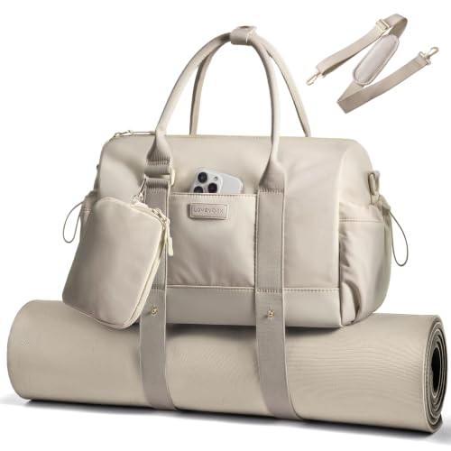 LOVEVOOK Small Gym Bag for Women with Yoga mat Holder, Mini Duffle Bag for Travel with Wet Pocket, Overnight Personal Item Bags (Khaki, 14.5 inch-Small-2Pcs) - color: Khaki, size: 14.5 inch-Small-2Pcs