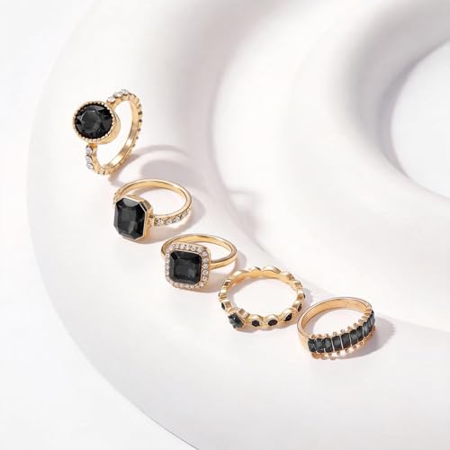 Black Obsidian Ring Stackable Gold Tone Oval Black Stone Statement Ring for Women Party Date Night Jewelry Gift - color: A1:black obsidian rings