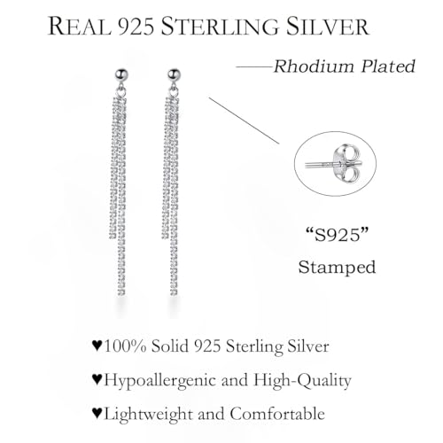 SLUYNZ 925 Sterling Silver Simulated Diamond Drop Earrings Linear Dangle Earrings for Women Teens Eelgant Wedding Bridal Prom Earrings Dainty CZ Long Dangling Earrings Tassel 4.5 cm/7.5 cm - color: B-Silver-6.3cm