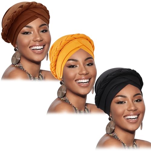 African Women Turban Caps Beanie Pre-Tied Twisted Braids Headwraps for Women Head Scarf Chemo Cancer Headwear Cap - color: 3 Pack Twisted Braid: Ginger, Black, Coffee
